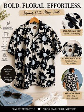Common People Men's XL Navy & White Floral Button-Up Camp Shirt